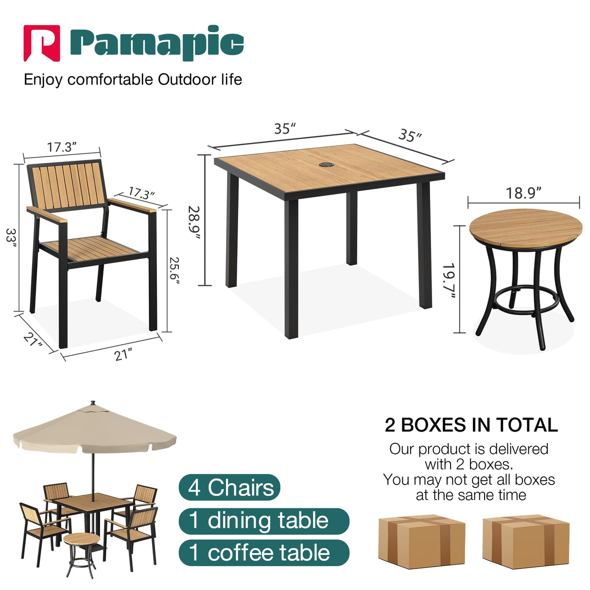 Pamapic 6-Piece Patio Dining Set，Outdoor Aluminum Furniture Set with Plastic-Wood Table Top,Outdoor Furniture Set with 4 Outdoor Stackable Chairs for Patio Garden Poolside (Teak) Pamapic