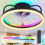 Ceiling Fans with Lights - Modern Flush Mount Ceiling Fan,16" RGB Dimmable LED Enclosed Ceiling Fans,Low Profile Bladeless LED-RGB Ambient Light for Bedroom Kids Room Party（Black） Mpayel