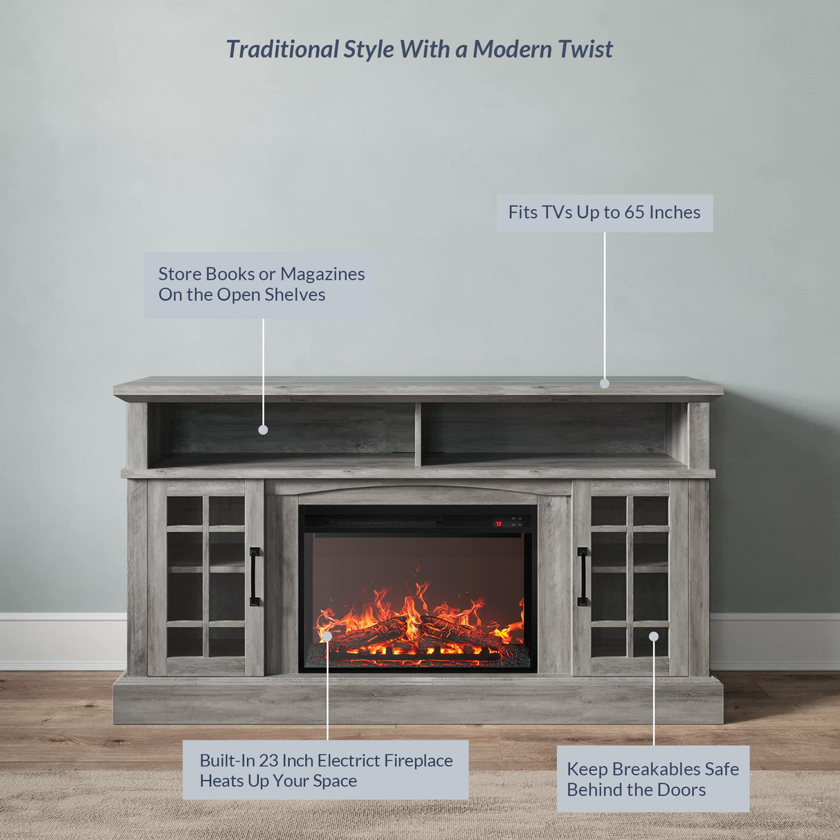 BELLEZE Traditional 58" Rustic TV Stand with 23" Electric Fireplace Heater with Sound, Media Entertainment Center Console Table for TV up to 65" with Open Storage Shelves and Cabinets - Grey Wash BELLEZE