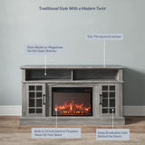 BELLEZE Traditional 58" Rustic TV Stand with 23" Electric Fireplace Heater with Sound, Media Entertainment Center Console Table for TV up to 65" with Open Storage Shelves and Cabinets - Grey Wash BELLEZE