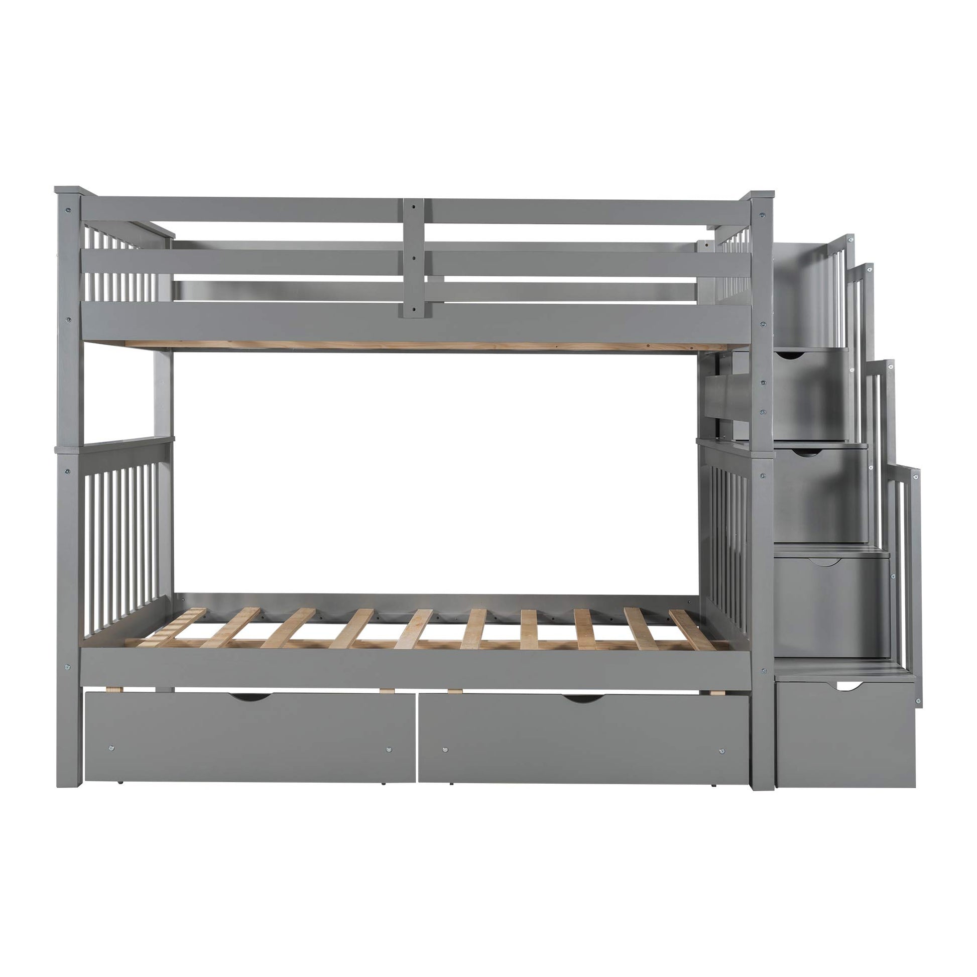 MERITLINE Gray Full Over Full Bunk Bed with Staircase and 6 Storage Drawers for Kids and Teens - WoodArtSupply