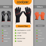 COOLJOB Heat Resistant BBQ Gloves for Hot Temperature Cooking, Barbecue Grilling or Baking Bread Pizza, 800 Degrees Safe Oven Mittens with Fingers, Aramid Fiber with Silicone Grip, One Size, Black COOLJOB