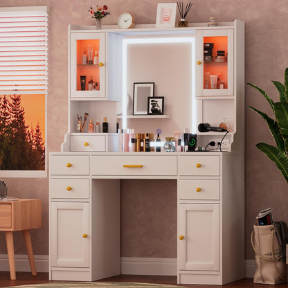 White Large Vanity Desk with Mirror,Lights and Charging Station,Make up Vanity Mirror with 3 Lights Mode and Brightness Adjusted by Touch Button and 6 Drawers,4 cabinets,2 cabinets with RGB L - WoodArtSupply