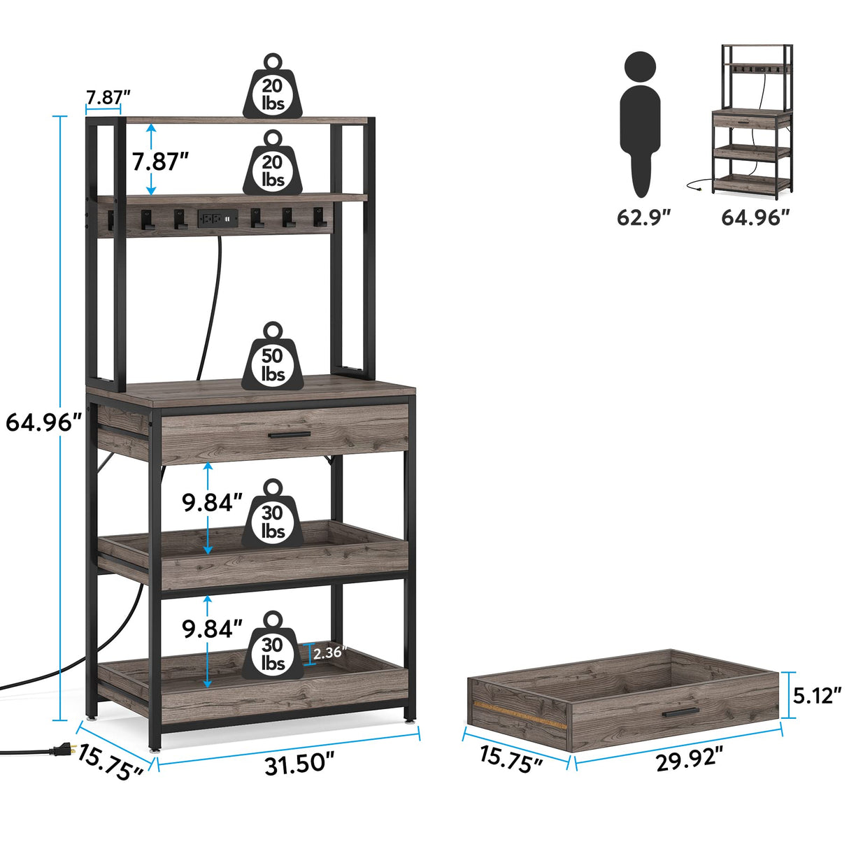 Tribesigns Bakers Rack with Power Outlets, 5-Tier Kitchen Storage Shelf, Microwave Oven Stand with Drawer, 65”H Coffee Bar Table, Kitchen Rack with Sliding Shelves and 6 Hooks, Grey Tribesigns