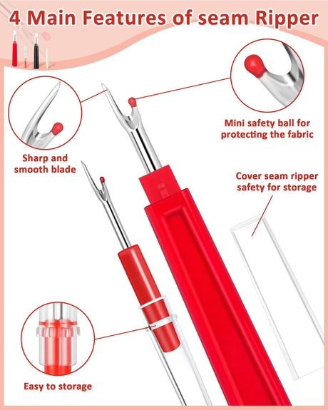 FIVEIZERO Seam Rippers for Sewing – 2 Big and 2 Small Stitch Remover Tools, Thread Ripper, Embroidery Removal Tool with Thread Snips FIVEIZERO
