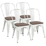 Furniwell Metal Dining Chairs with Wood Seat, Indoor Outdoor Use Stackable Tolix Industrial Metal Chairs Set of 4 for Kitchen, Dining Room, Bistro and Cafe (White) Furniwell