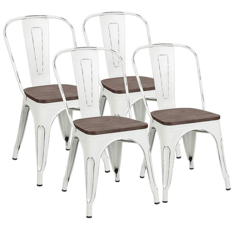 Furniwell Metal Dining Chairs with Wood Seat, Indoor Outdoor Use Stackable Tolix Industrial Metal Chairs Set of 4 for Kitchen, Dining Room, Bistro and Cafe (White) Furniwell
