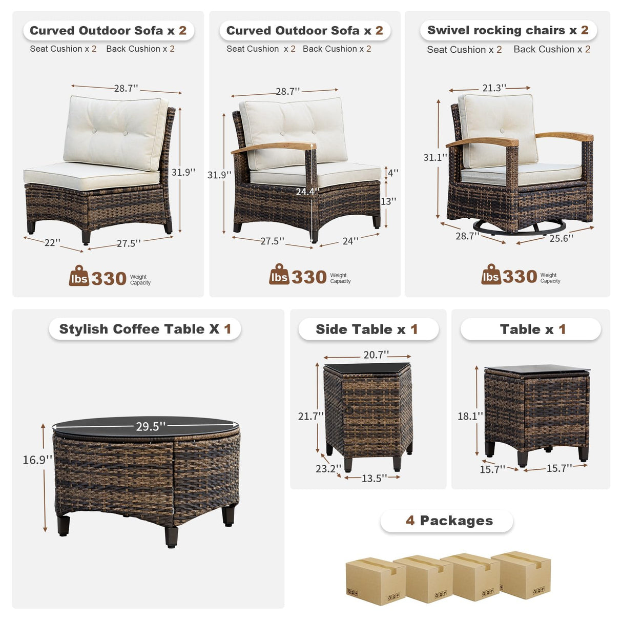 MEISSALIVVE 9 Piece Outdoor Patio Furniture Set, Half-Moon Curved Sectional Sofa Rattan Patio Conversation Set with Wood Armrests, Tempered Glass Round Coffee Table & Side Table（Beige） MEISSALIVVE