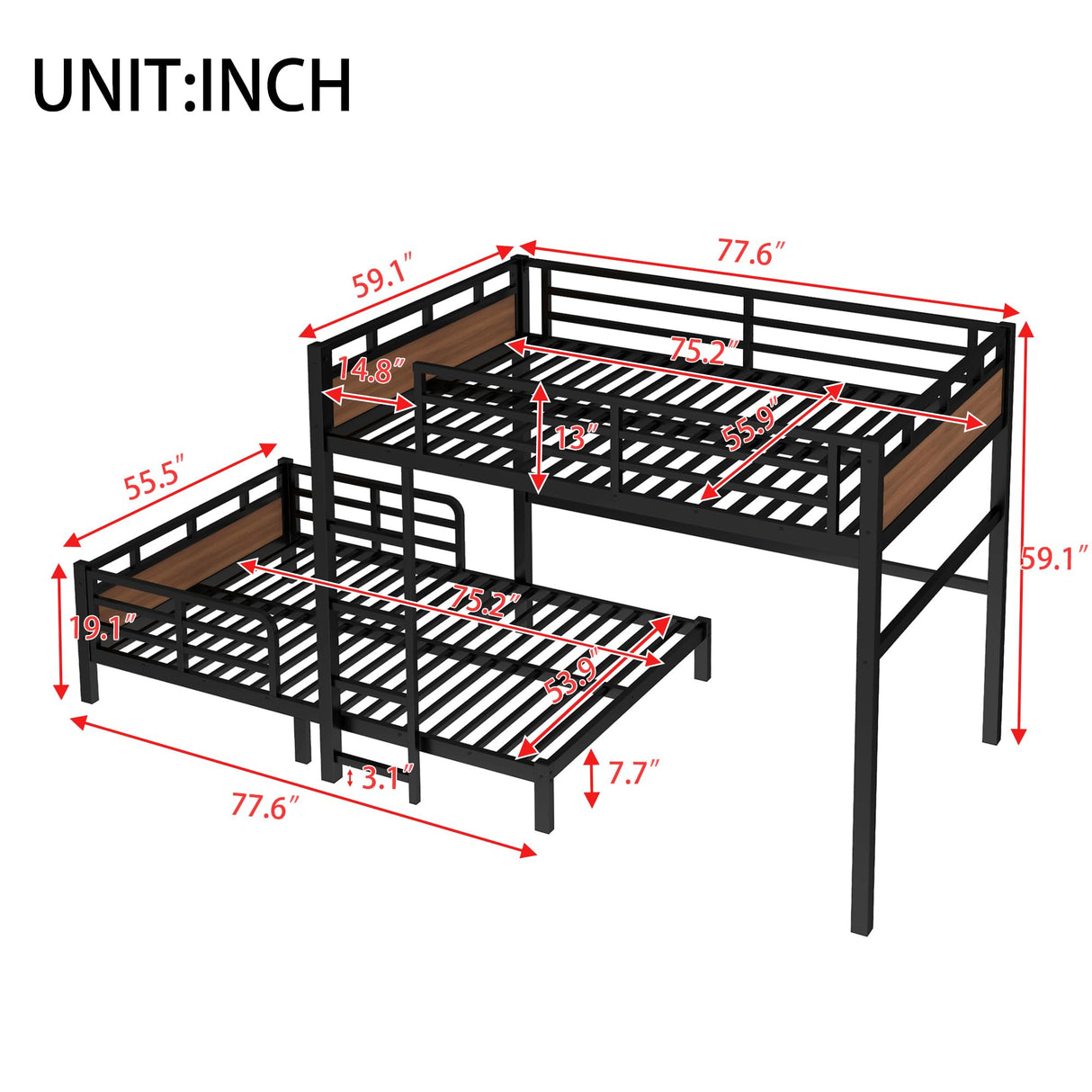 Full Over Full Bunk Bed with Headboard and Full Length Guardrail, Separable Bunk Bed Full Size, Heavy Duty Bunk Beds Can Turns Into Loft Bed and Platform Bed, Walnut Bellemave