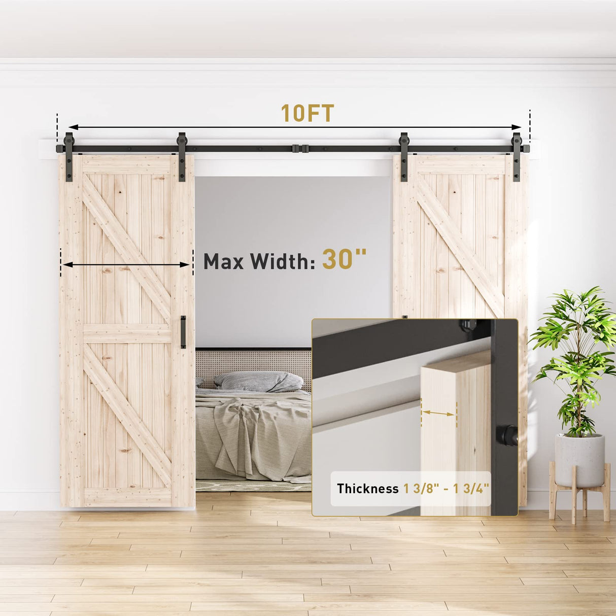 Signstek 10 FT Double Sliding Barn Door Hardware Track Kit, Wood Slab Use, for Garage, Kitchen, Bedroom, Fit 30'' Wide Door Panel-Smoothly and Quitely-Easy to Install (J Shape Hanger) Signstek