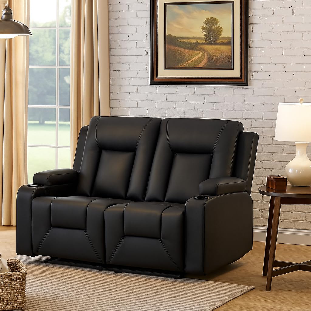 LUCKLIFE Leather Recliner Sofa Set with Manual Recliners,Living Room Furniture Set with Reclining Couch,Loveseat and Armchair,Living Room Chair with Cup Holders,Black (3+2+1) LUCKLIFE