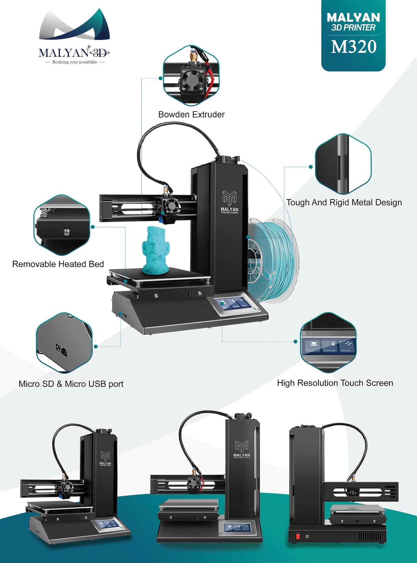 MALYAN M320 FDM Mini 3D Printer,Fully Assembled 3D Printers Easy for Beginners and Kids, High Printing Accuracy, Printing Size 150 * 150 * 150 mm