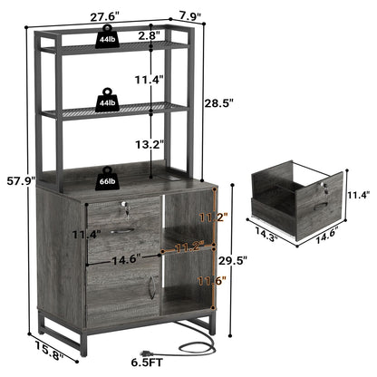 Homieasy Grey Oak Vertical Filing Cabinet with Lock & Charging Station, Large Drawer & Bookshelf - WoodArtSupply