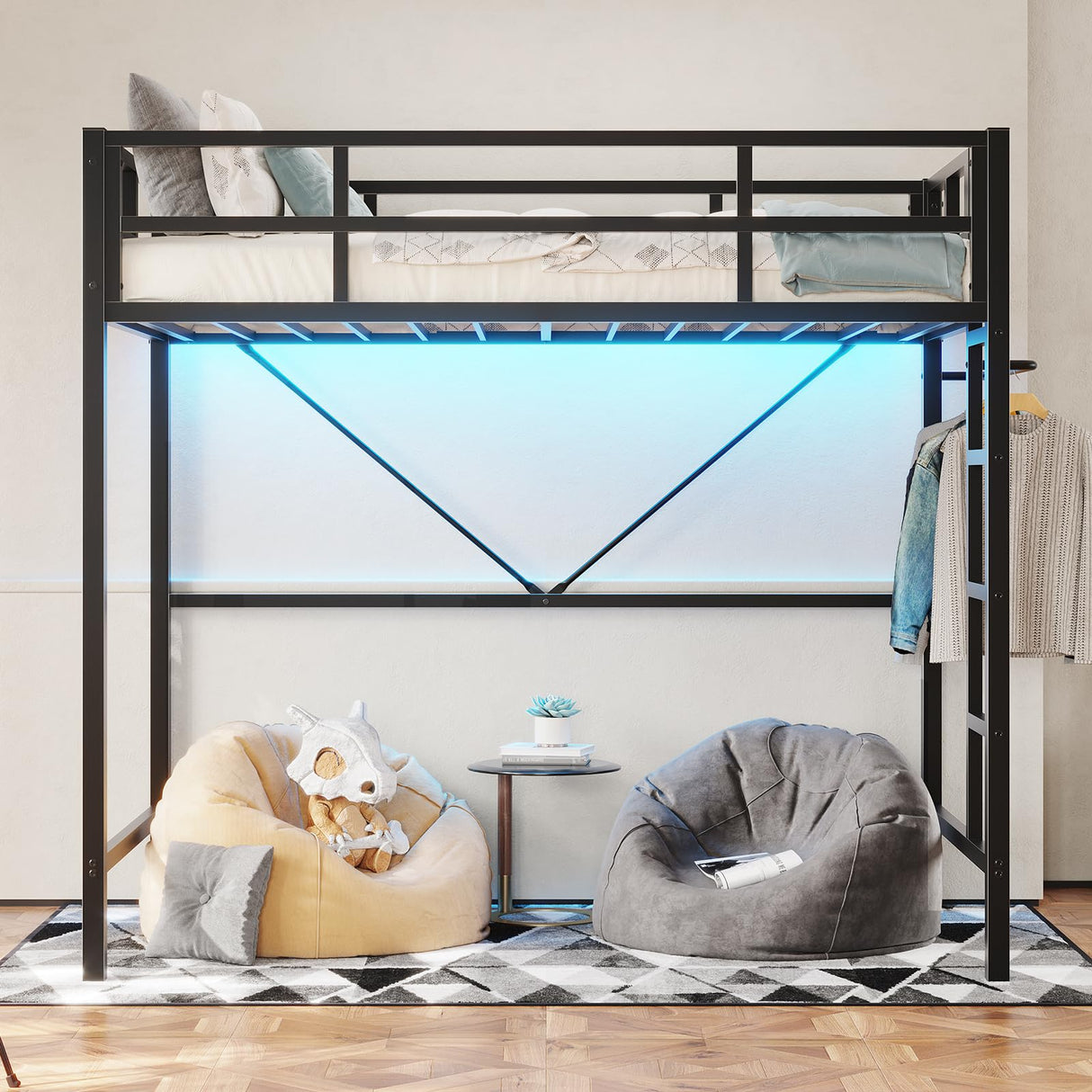 DICTAC Loft Bed Twin Size with Led Lights Metal Twin Loft Bed with Full-Length Guardrail and Ladder for Junior, Heavy Duty Metal Sltas Support,Noise-Free, Space-Saving, No Box Spring Needed, Black DICTAC
