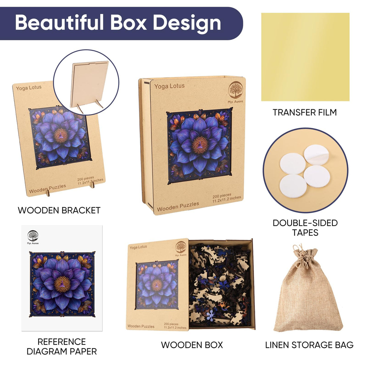 Mys Aurora Puzzles for Adults Mandala Flower Wooden Puzzles, 200 Pieces Unique Shaped Lotus Yoga Gifts Jigsaw Puzzles, for Yoga Lover, Fun Challenge Family Game 11.2'' x 11.2'' Mys Aurora