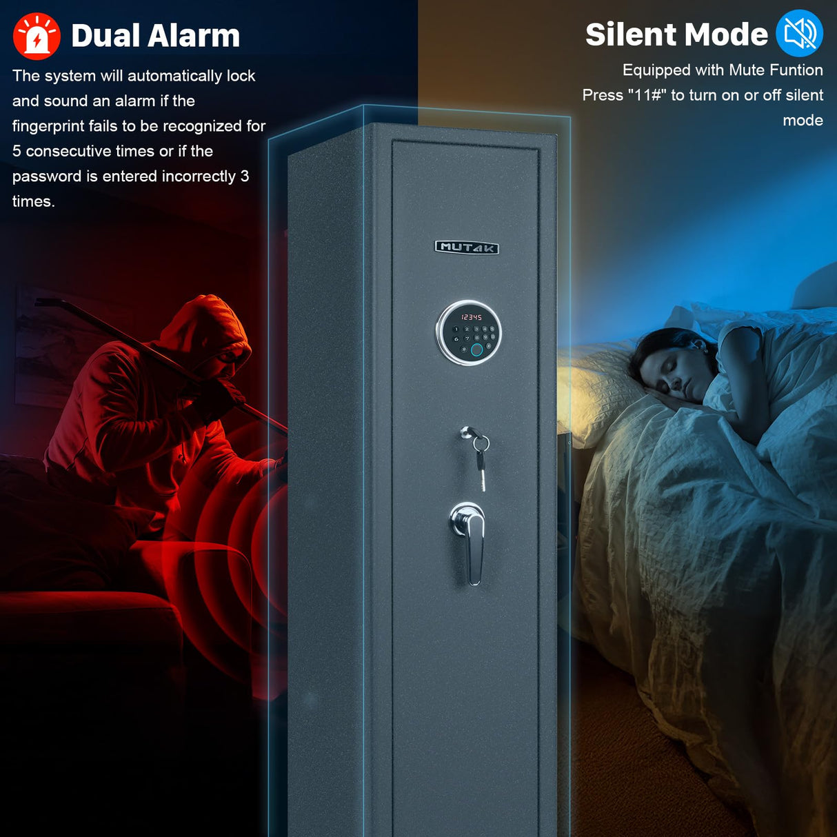 Mutak 4-5 Rifle Gun Safe for Home Rifle and Pistols, Large Capacity Biometric 5 Rifle Safe & 5 Pistols Racks, 4 Ways Quick Access, Gun Cabinet with Alarm & Bright LED (No Assembly Required) Mutak