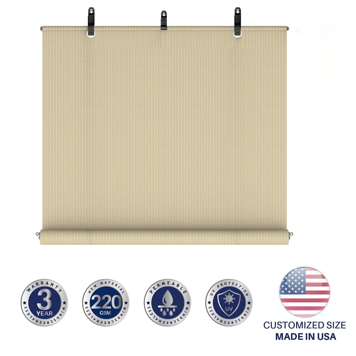 Windscreen4less Outdoor Shade Blinds Patio Roll Up Blackout Shades Exterior Roller Privacy Screen for Pergola Balcony Porch Carport Deck Window, 8' W x 6' L Beige Windscreen4less