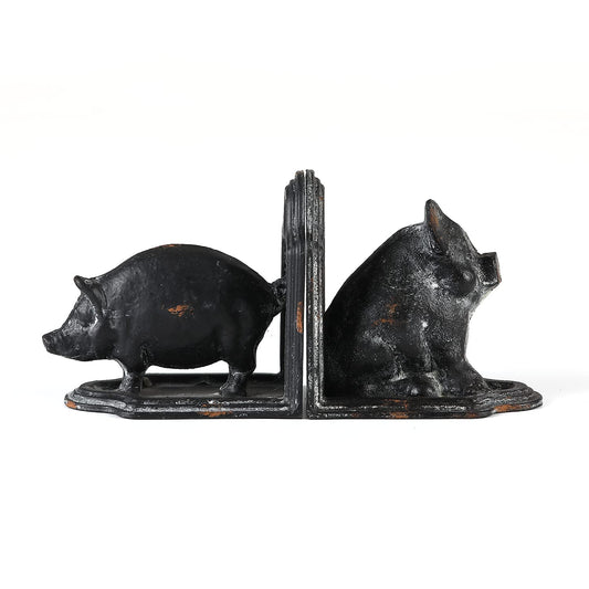 Retrome Pig Bookends, Set of 2 Farmhouse Book Ends, Distressed Gray