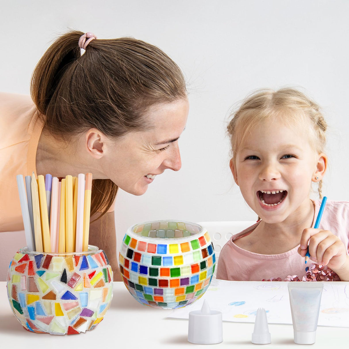 Sunnychicc 2 Set Glass Mosaic Candle Holder Kit Include Tea Light Holder, Glass Mosaic Tiles DIY Crafts Creativity Handmade Artwork for Adults Home Lighting Decor(Rainbow Theme) Sunnychicc