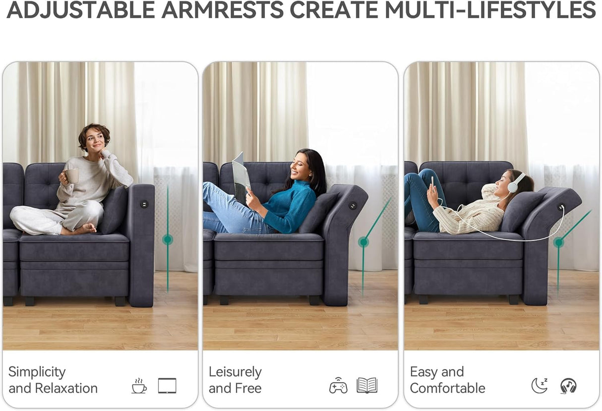 YITAHOME Modular Sectional Sofa, U Shaped Sectional Couch with Reversible Chaise Velvet 6-Seater Sectional Couch with 3-Position Adjustable Armrests and USB Port, for Living Room (Dark Grey4) YITAHOME