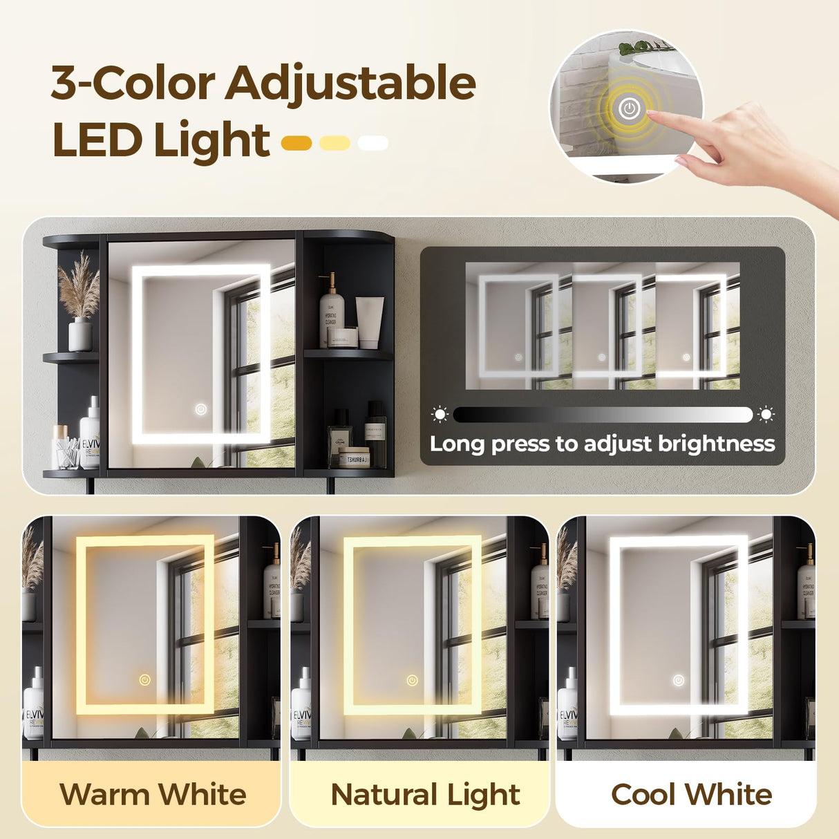 Bathroom Wall Cabinet with Mirror, Mirrored Medicine Cabinet with 3 Colors LED Light and 4 Open Shelves, Wall Mounted Over Toilet Storage Cabinets with Adjustable Shelf, 21.7"L x 6.7"W x 18.1"H, Black MAHANCRIS