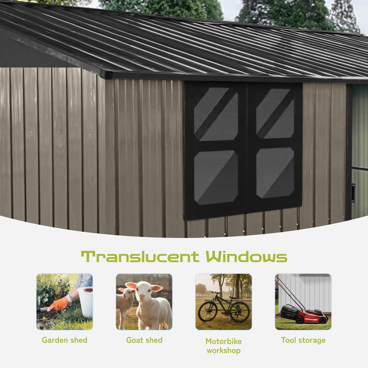 12x10 Ft Storage Shed Outdoor, XL Permanent Steel Building with Window, Sliding Doors and 4 Air Vents for Backyard Garden Patio Lawn - Brown LINKHOO