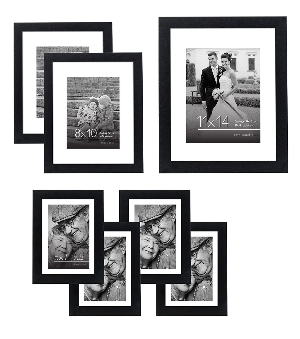 Americanflat 7 Pack Black Gallery Wall Frame Set - Includes One 11x14 Frame, Two 8x10 Frames, and Four 5x7 Frames - Picture Frames Collage Wall Decor with Shatter Resistant Glass and Hanging Hardware Americanflat
