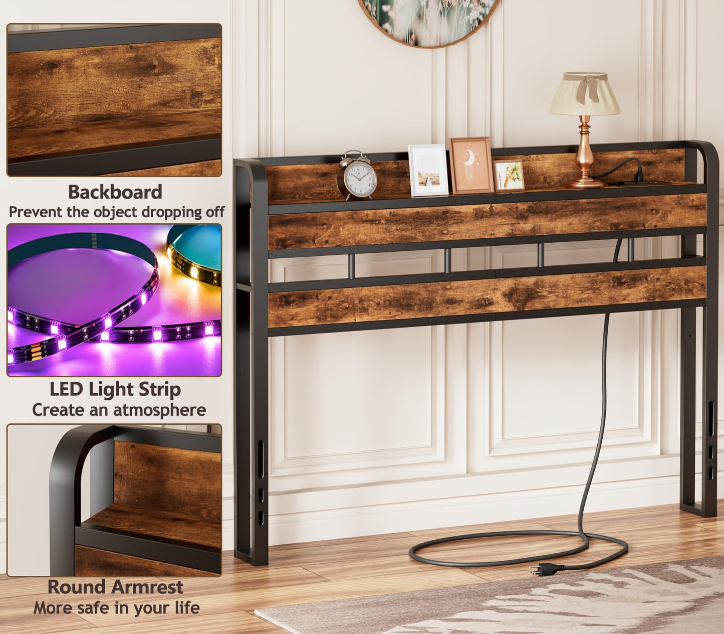 Furnulem Rustic Queen Headboard with Storage, LED Light & Charging Station - WoodArtSupply