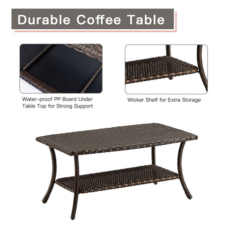 Rilyson Patio Tables Outdoor Coffee Table - Wicker Rattan Coffee Tables with 2-Tier Storage Shelf Side Table for Porch Deck Balcony Garden Outside Rectangle Brown Rilyson