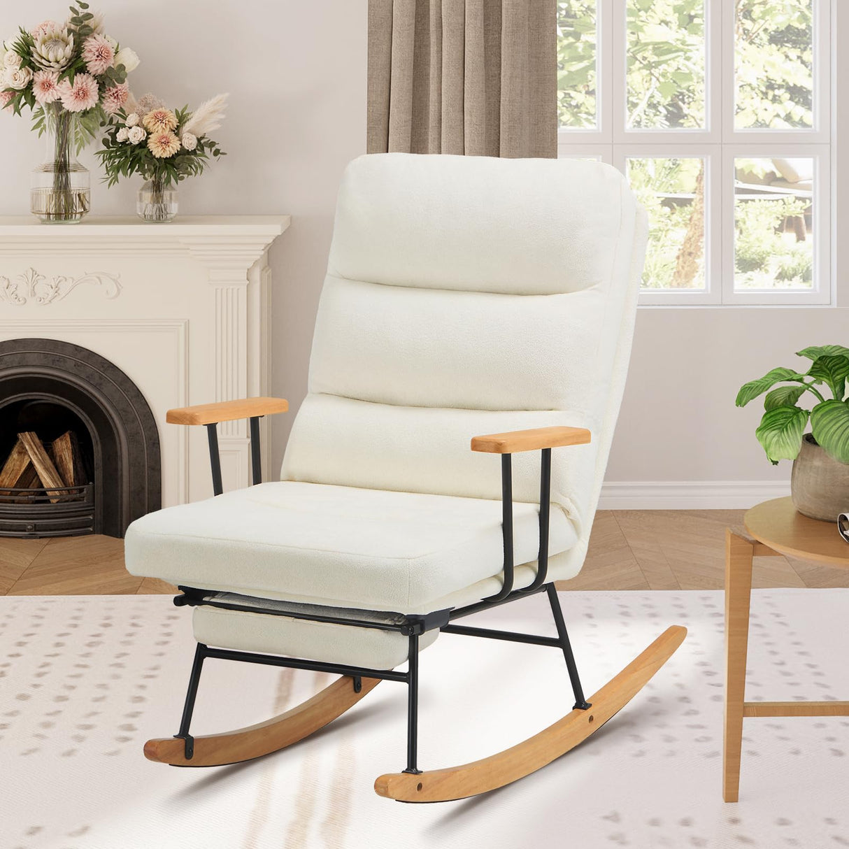 Rocking Chair with Footrest-Glider Rocker Chair with Retractable Footrest and Adjustable Backrest, Teddy Upholstered Rocking Chair, Modern Accent Chair for Living Room/Nursery/Bedroom/Outdoor-Beige COLAMY