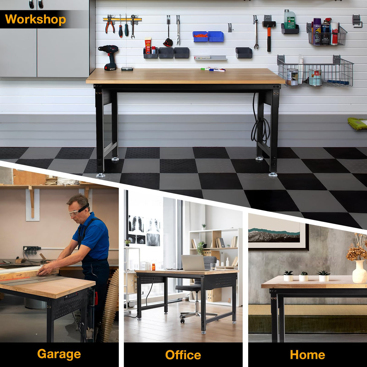 MUWOOD 48" L×24”W Adjustable Workbench, 28”-40”Heights Heavy Duty Table 2000 LBS Load Capacity, Work Bench with Power Outlet & Pegboard, Rubber Wood Work Table for Garage, Office, Workshop, Home MUWOOD