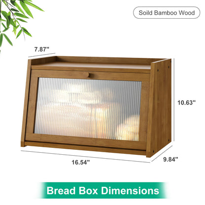 kiplant Bread Box for Kitchen Counter, Large Bamboo Bread Storage Container with Wavy Arcylic Transparent Door, Bamboo Wooden Farmhouse Bread Box for Your House (Brown)