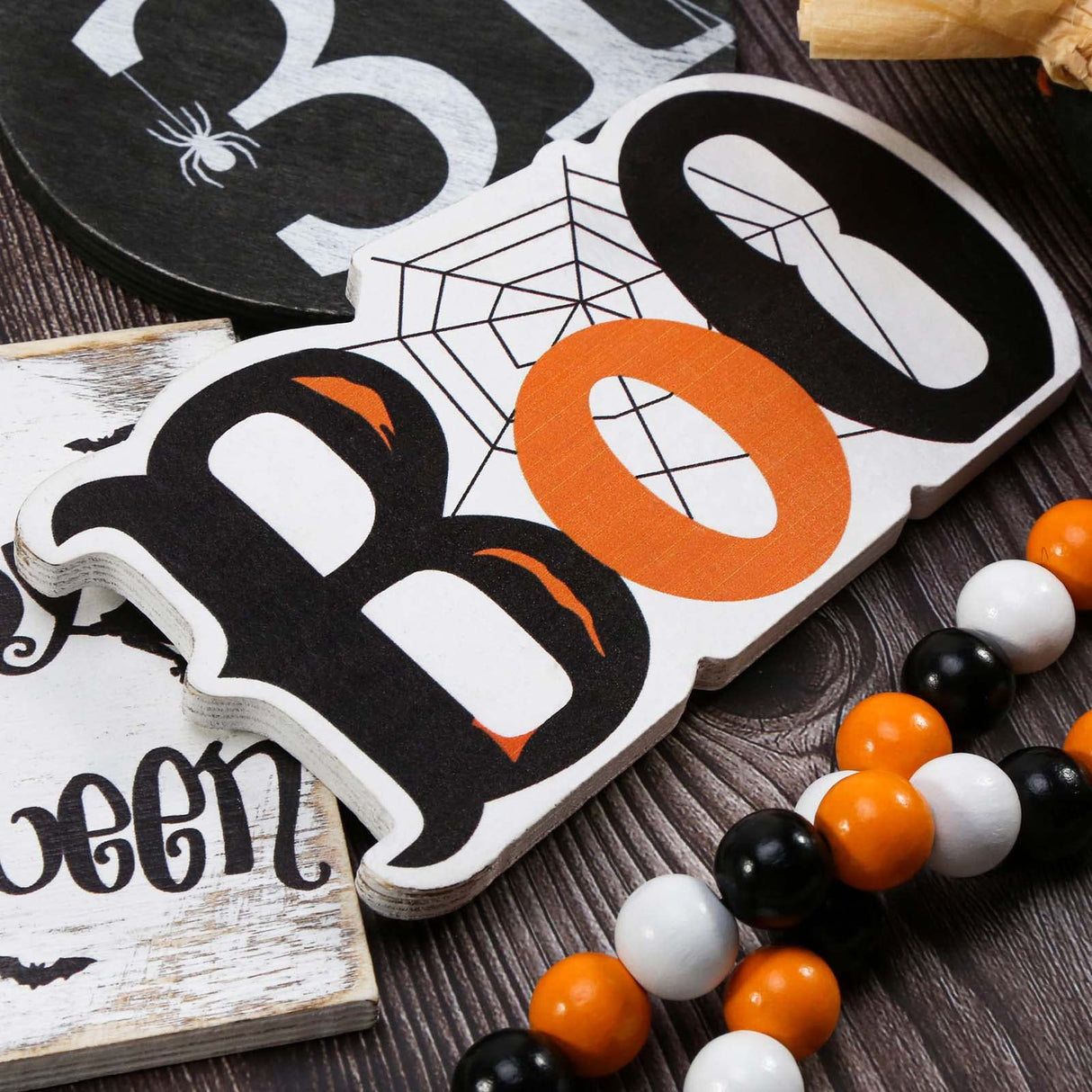 Halloween Decor - Halloween Decorations - BOO Happy Halloween Wooden Signs - Cute Gnomes Plush and Bead Garland - Farmhouse Rustic Tiered Tray Decor Items for Home Table House Room ORIENTAL CHERRY