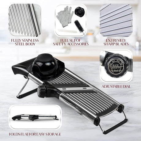 Gramercy Adjustable Mandoline Food Slicer, Mandoline Slicer for Kitchen, Mandolin, Potato, Tomato, Carrot, Vegetable, Fruit and Onion Cutter - Stainless Steel - INCLUDING 1 Pair Cut-Resistant Gloves Gramercy Kitchen Company