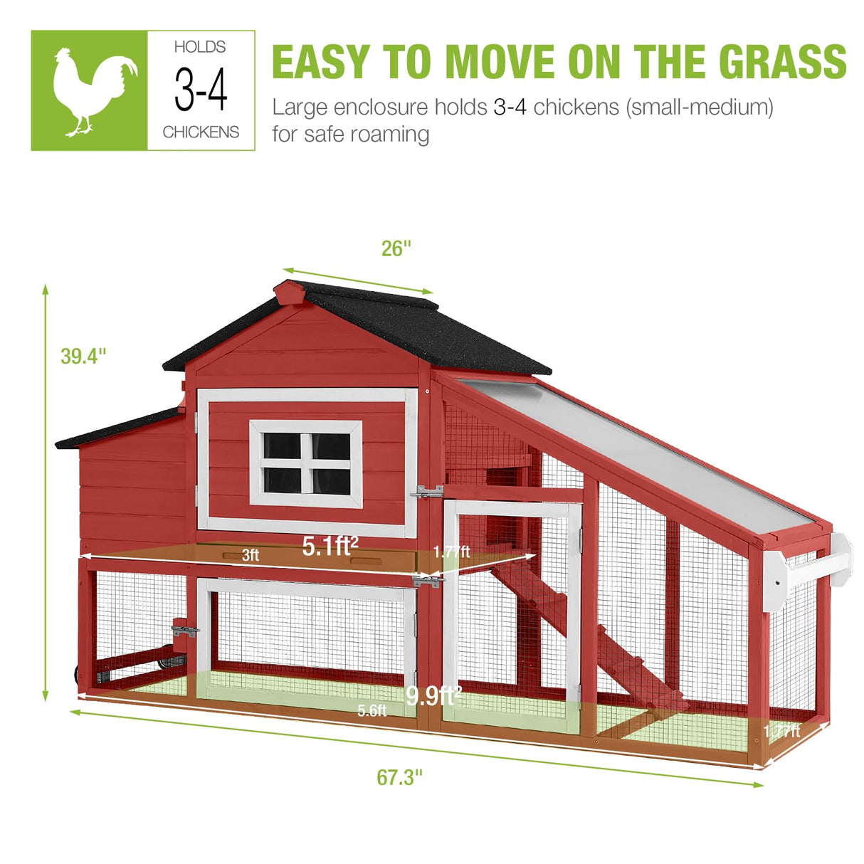 GUTINNEEN Chicken Coop Mobile Hen House Wooden with Run Poultry Cage with Nesting Box,Red GUTINNEEN