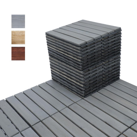 BEEFURNI Acacia Interlocking Deck Tiles (12"x 12" 20 PCS), Wood Deck Tiles Interlocking Outdoor All Weather, Patio Flooring for Indoor Outdoor use, 1 Year Warranty (Light Gray) BEEFURNI
