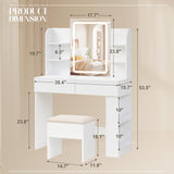 Furmax Vanity Desk with Mirror and LED Lights, Makeup Vanity Table with 3 Lighting Color, Adjustable Brightness, Vanity Table with 2 Drawers, Side Storage, for Bedroom (White, with Bench) Furmax
