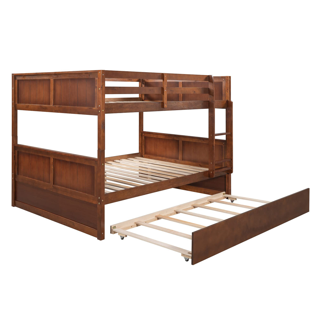 Full Over Full Bunk Bed with Trundle, Solid Wood Bunk Beds with Full-Length Safety Guard Rail and Ladder, Can be Separated to 2 Full Size platform Beds, for Kids, Teens and Adults (Walnut, New) MERITLINE