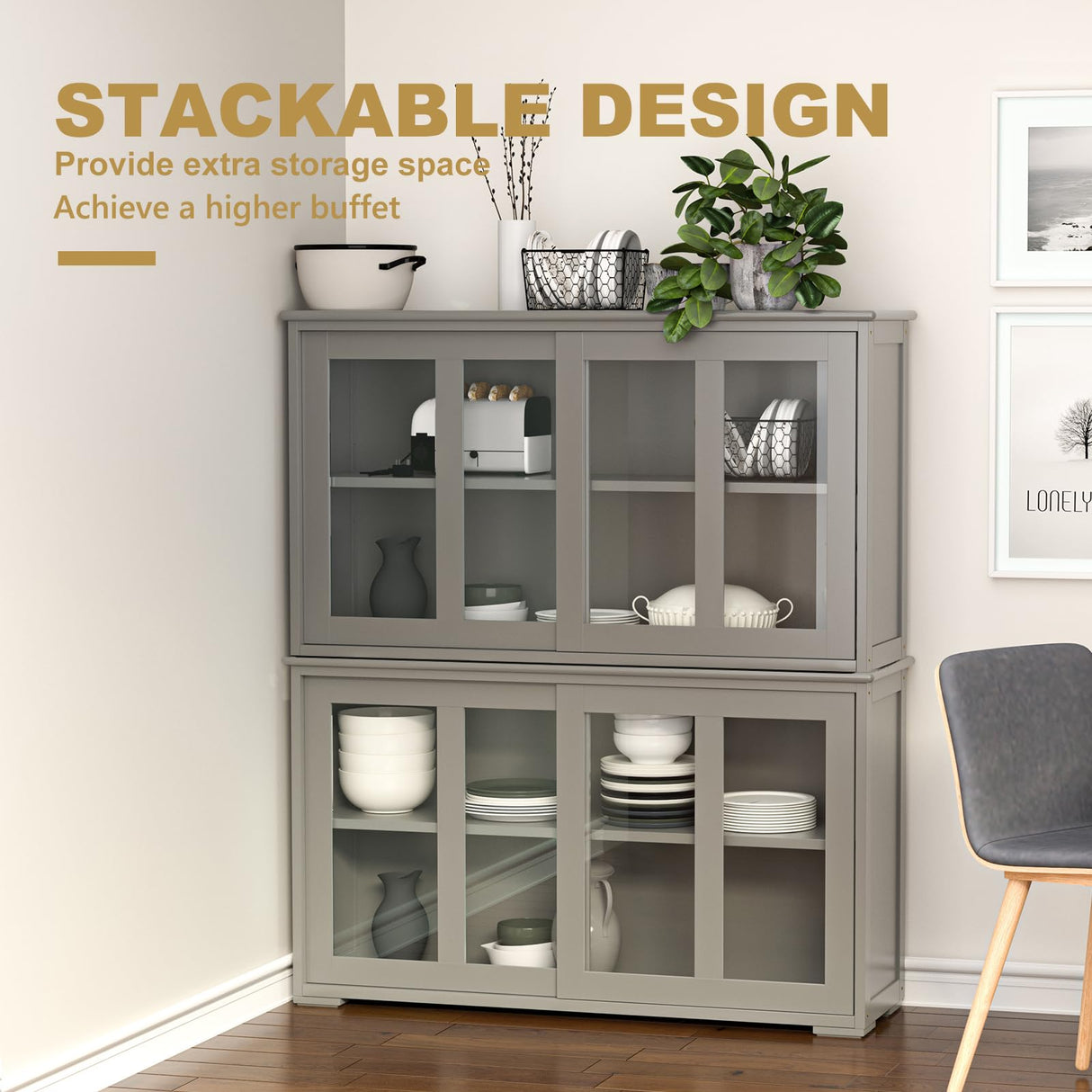 CHEFJOY Sideboard Buffet Cabinet, Stackable Cupboard Storage Table with Adjustable Shelf & Glass Sliding Doors, Wooden Credenza Coffee Bar Cabinet for Kitchen/Dining Room/Living Room/Entryway (Grey) CHEFJOY