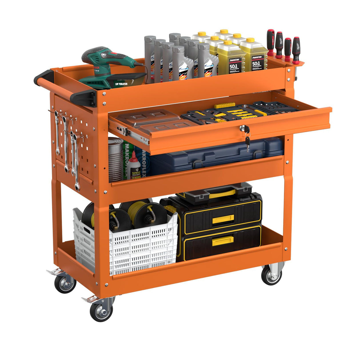 Cemostey 3-Tier Rolling Utility Cart, Heavy Duty Tool Cart on Wheels, Metal Service Cart with Locked Drawers for Garage, Warehouse and Repair Shop (Orange) Cemostey