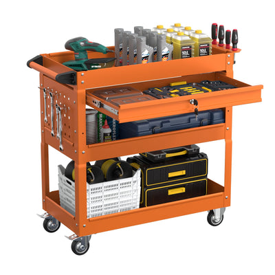 Cemostey 3-Tier Rolling Utility Cart, Heavy Duty Tool Cart on Wheels, Metal Service Cart with Locked Drawers for Garage, Warehouse and Repair Shop (Orange)