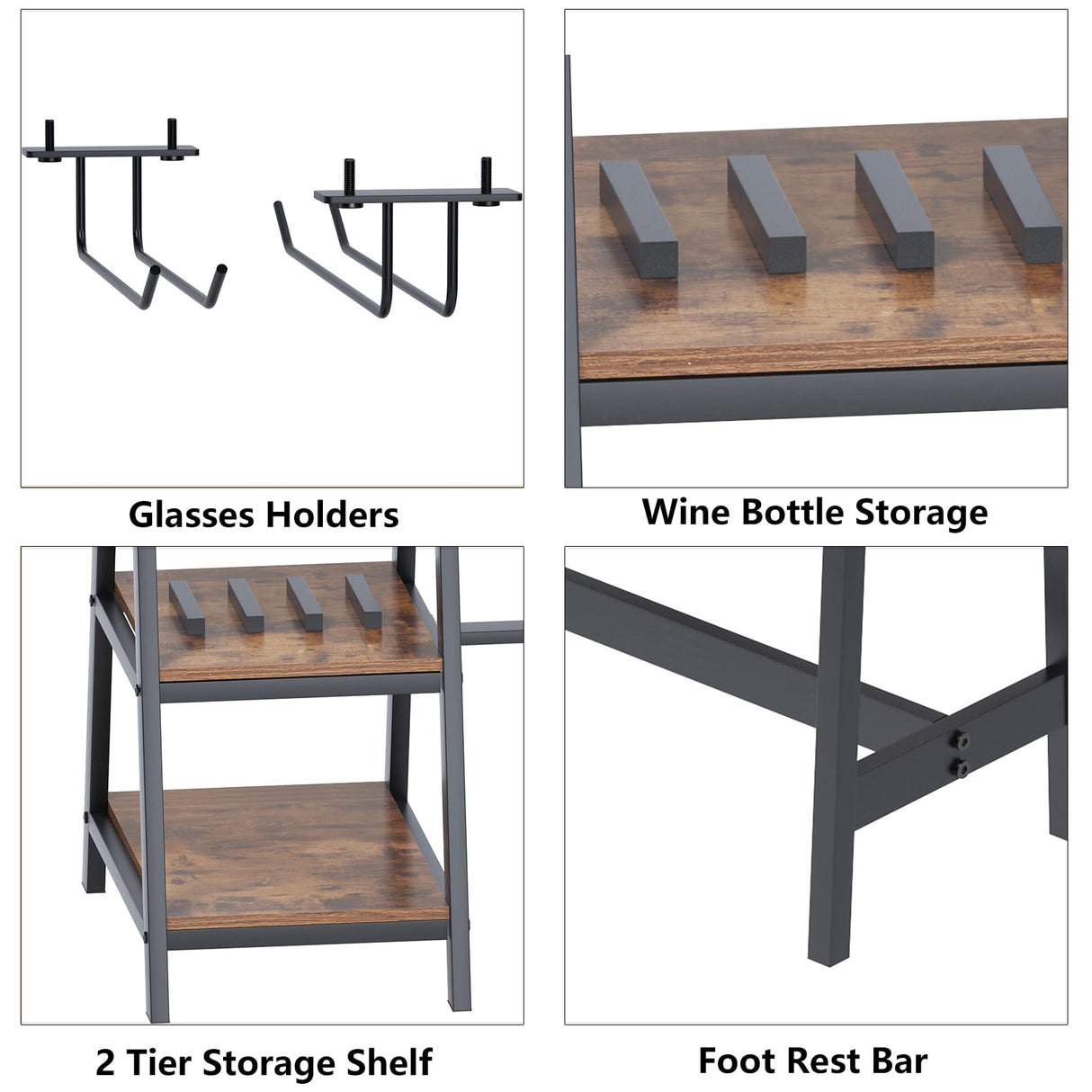 soges 3 Pieces Kitchen Dining Table Set for 4, Breakfast Table Set with 2 Benches, 4-Person Wooden Dinette with Wine Shelf and Glass Holder, Rustic Brown 10CZWKDS04TW140 soges