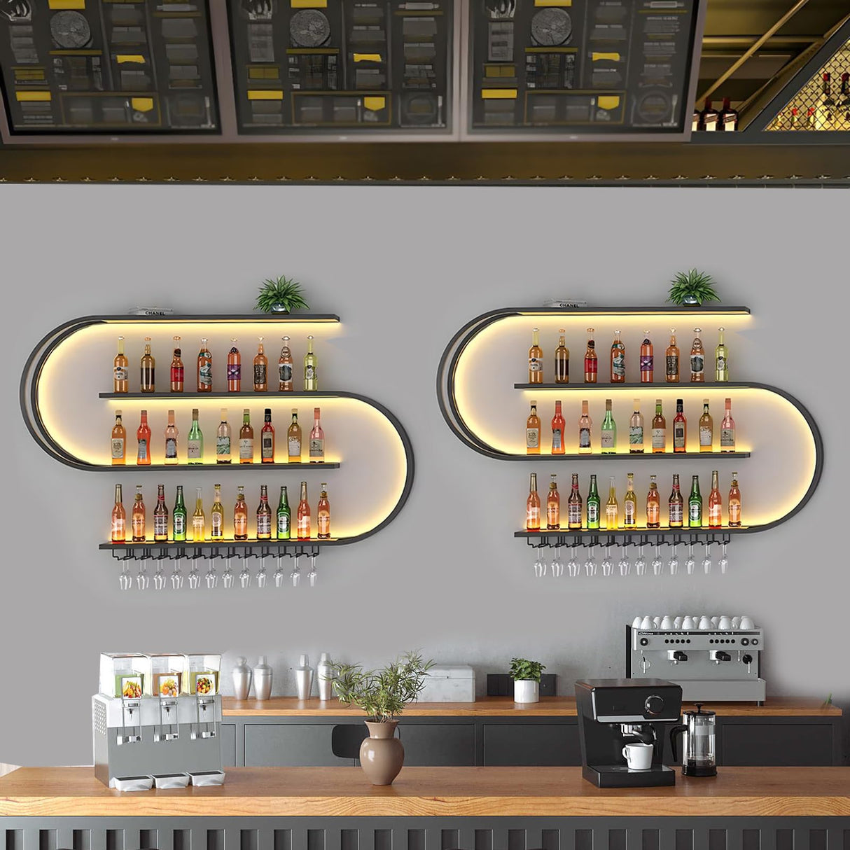 RAJYQODIS 59in Wall Mounted Wine Rack, Floating Bar Shelves 4-Tier，Industrial Metal Bottles Display Storage Shelf, for Home Bar Dining Room Decor, Black (Black, 59.05in/150cm) RAJYQODIS