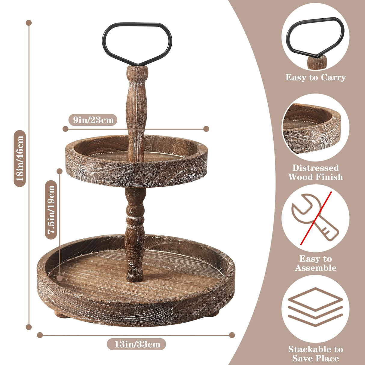 ASMPCUE 2 Tiered Tray Stand, Farmhouse Tiered Tray Stand with Metal Handle for Home Kitchen Decor, Wooden Rustic Two Tiered Serving Tray Coffee Table Tray for Holiday Decor, Tray ONLY(Rustic Wood) ASMPCUE