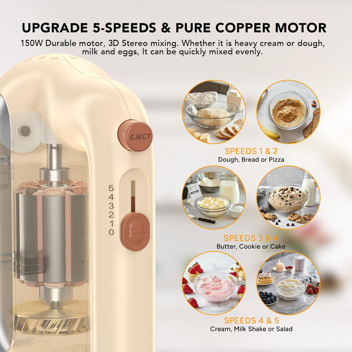 Hand Mixer Electric, 5-Speed Small Handheld Mixer, 2* (304 Dough Hooks & 304 Whisks) Food Mixer, Kitchen Mixer for Baking, Cream, Cookies, Dishwasher Safe BAIGELONG