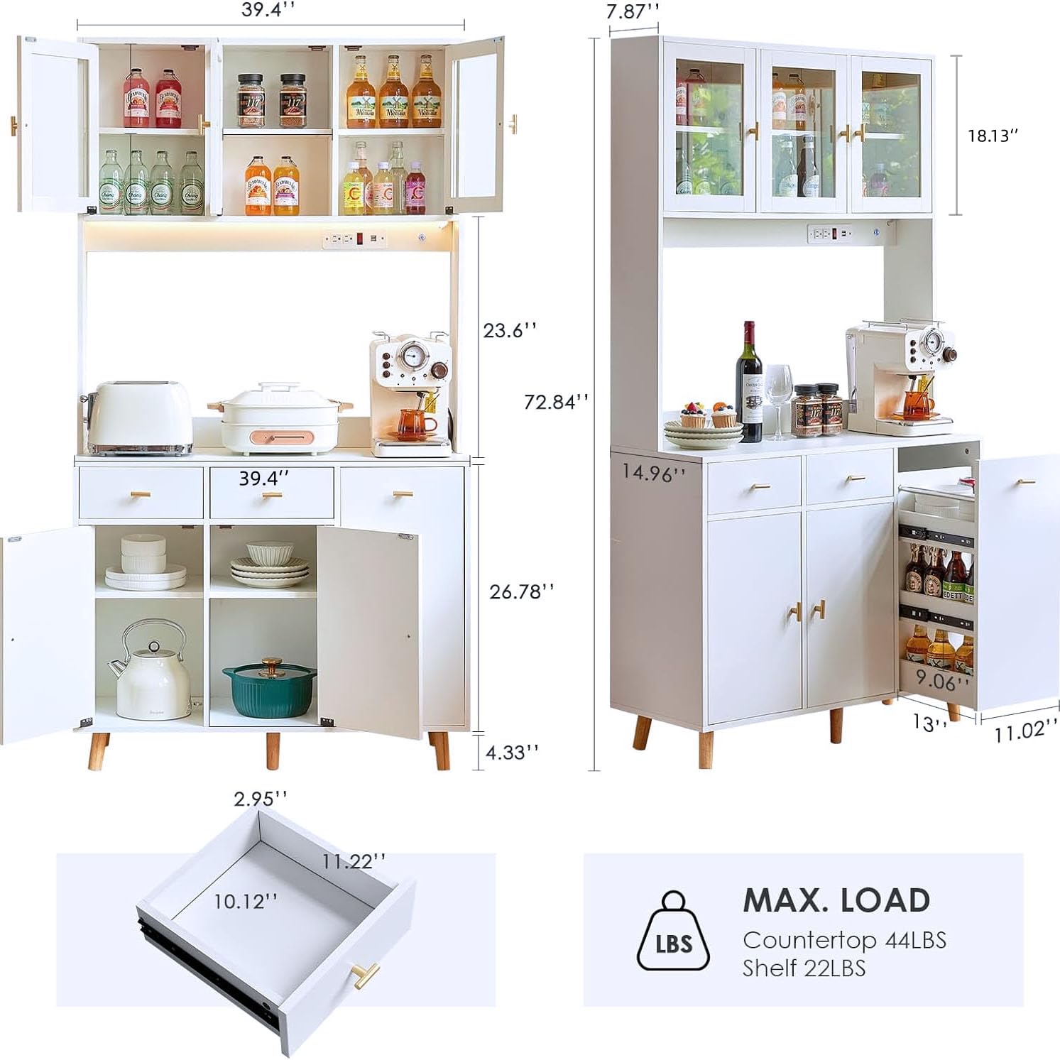 JanflyHome Kitchen Pantry Storage Cabinet with Power Outlet & Light, 73'' Freestanding Hutch Cabinet with Glass Door & Microwave Stand, Tall Cabinet for Dining Room, Adjustable Shelves, White - WoodArtSupply