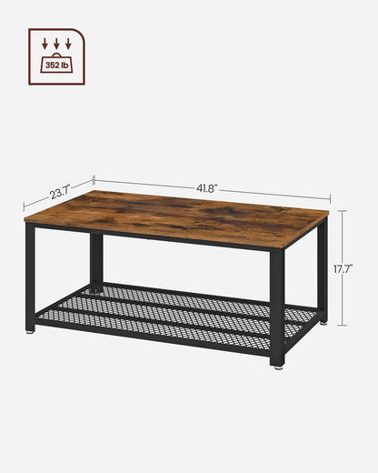 VASAGLE Coffee Table for Living Room, 2-Tier Cocktail Table, Center Table with Mesh Shelf, Steel Frame, Adjustable Feet, Industrial Style, Rustic Brown and Black ULCT61X - WoodArtSupply