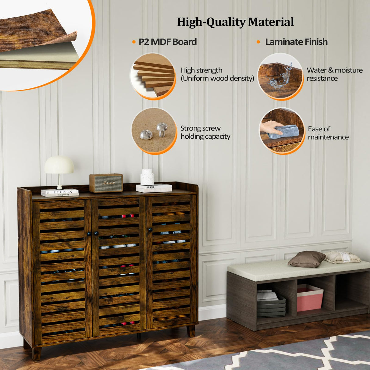 VINGLI Shoe Cabinet with Doors, Entryway Shoe Storage, Shoe Rack with Doors, Hidden Shoe Cabinet, Shoe Organizer Cabinet, Freestanding Shoe Rack Cabinet,Shoe Storage Cabinet,Shoes Cabinet Rustic Brown VINGLI