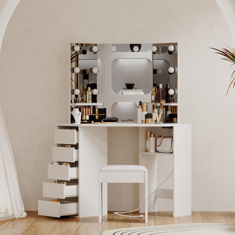 GarveeHome Corner Vanity and Stool, Corner Vanity Desk with Mirror and Lights, Corner Makeup Vanity with Power Outlet, 3 Color & Brightness Adjustable Light, Makeup Vanity for Girls and Women, White GarveeHome