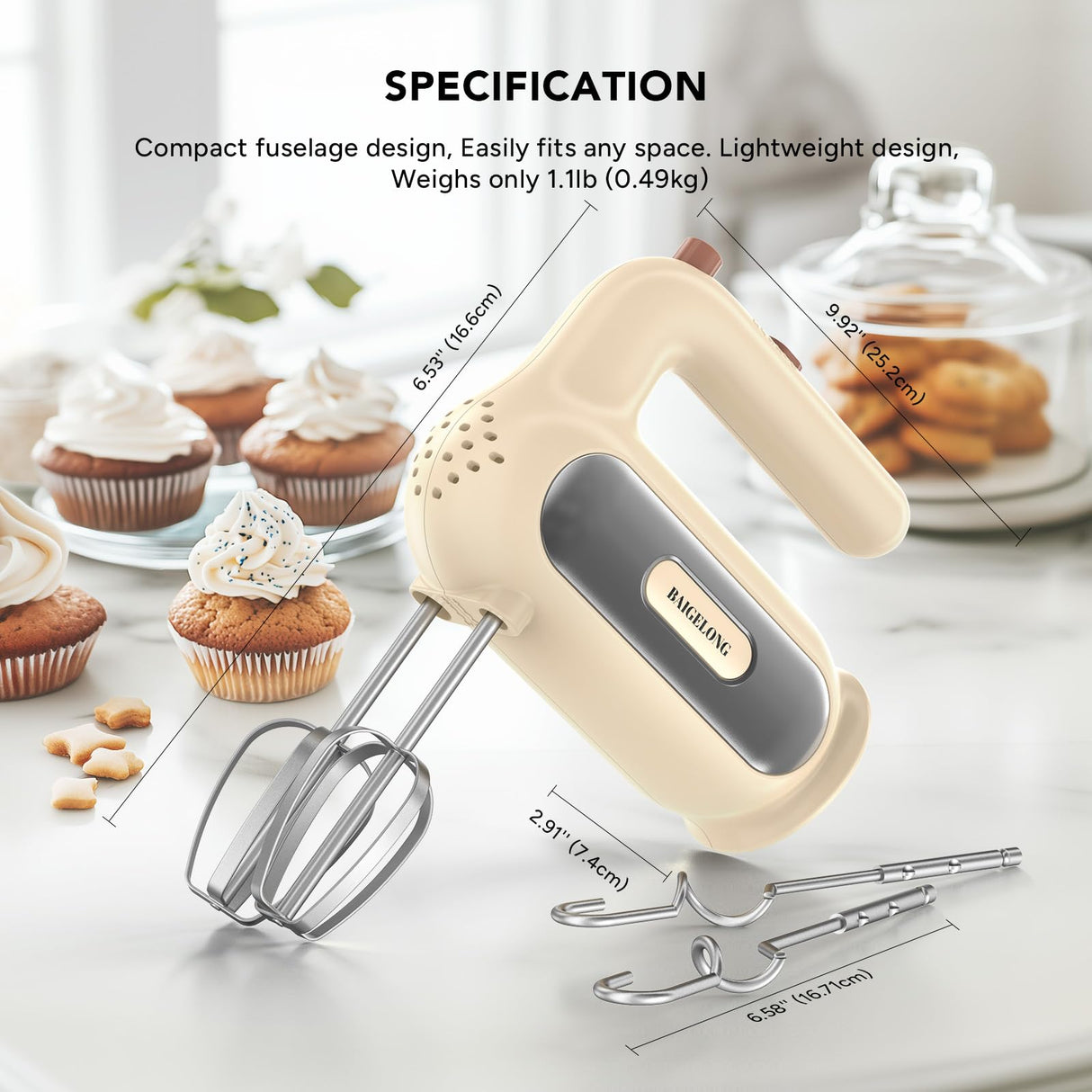 Hand Mixer Electric, 5-Speed Small Handheld Mixer, 2* (304 Dough Hooks & 304 Whisks) Food Mixer, Kitchen Mixer for Baking, Cream, Cookies, Dishwasher Safe BAIGELONG